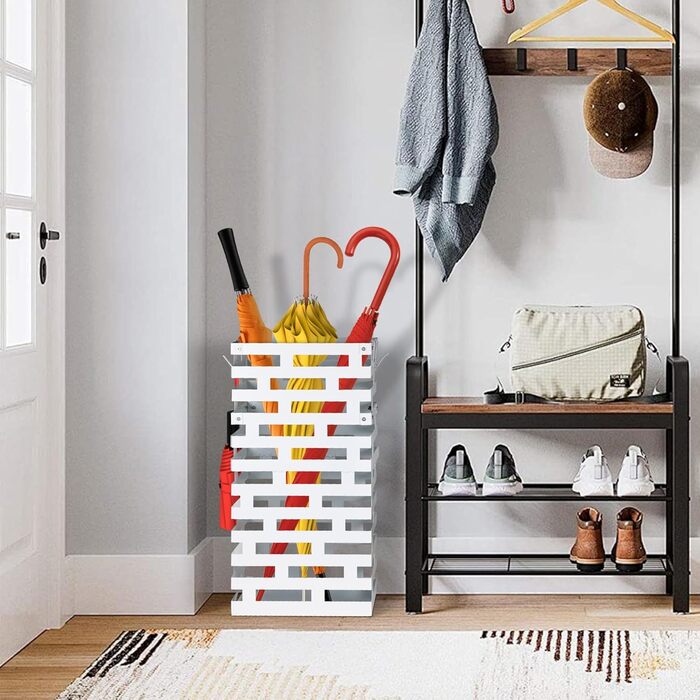 Металевий підставка для парасольки біла, велика з водовідвідною ванною та гачками, 58,4 см - для дому, офісу, готелю