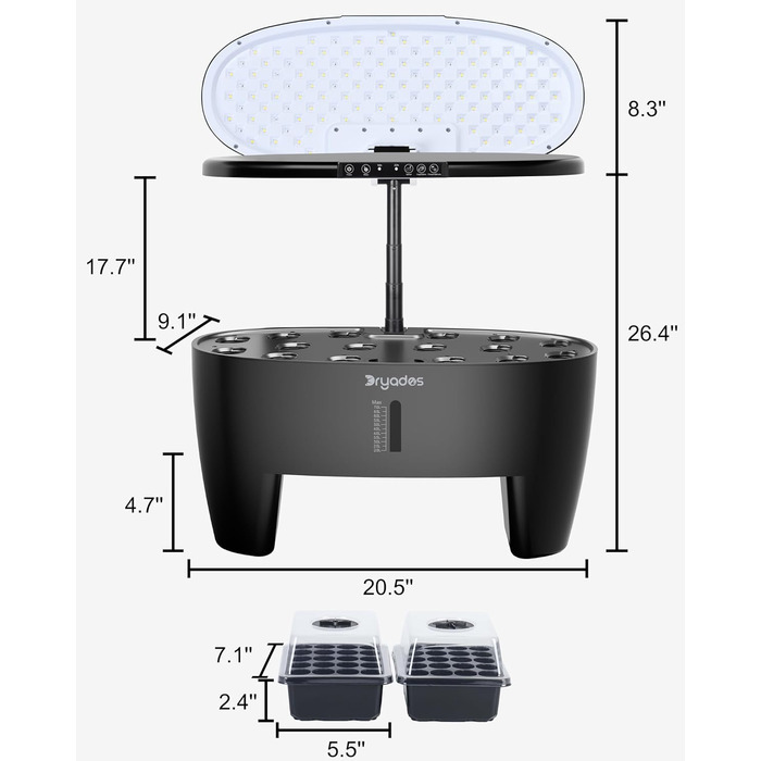 Гідропонна система вирощування: 8 горщиків, 24W LED лампа повного спектру з сигналом про нестачу води | Внутрішній сад для кухні, вітальні, школи | Подарунок для любителів садівництва (16 горщиків - Чорний)