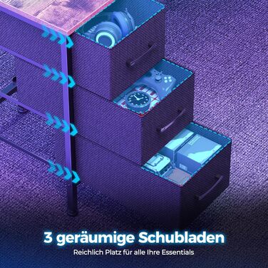 Ігровий кутовий стіл Seventable L-подібний з LED підсвіткою, розетками та 3 текстильними шухлядами, 135x135x88 см (Вінтажний коричневий)