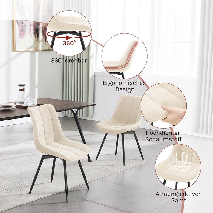 Крісла для обідньої зони WOLTU: комплект з 2 шт., м'які, з металевими ніжками, бежеві