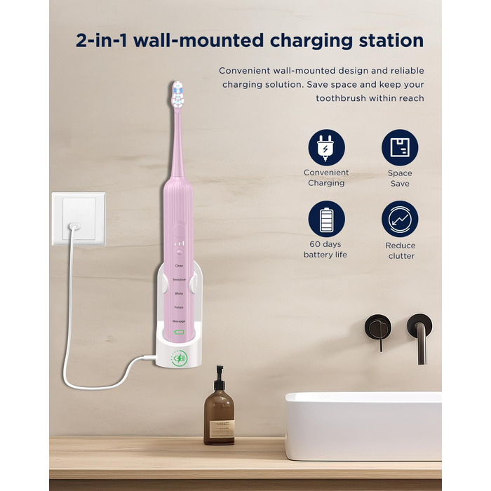 Електрична звукова зубна щітка для дорослих і дітей, 5 режимів чищення, 3 рівні інтенсивності, таймер, 8 насадок, кейс для подорожей, акумуляторна (Рожева, 1 шт.)