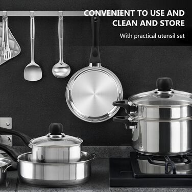 Набір каструль 6 шт. з нержавіючої сталі для індукційних плит, Cookware Set, з кришкою та захистом від опіків, сумісний з усіма типами плит, не має покриття, придатний для миття в посудомийній машині