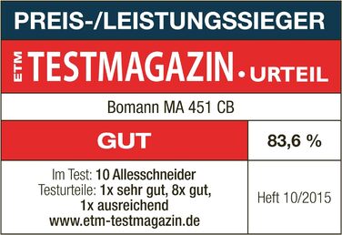 Харчова нарізка Bomann з ножем з нержавіючої сталі Ø 190 мм Електрична хліборізка з плавним регулюванням товщини різання (015 мм) Різальний верстат з металевим корпусом 150 Вт MA 451 CB