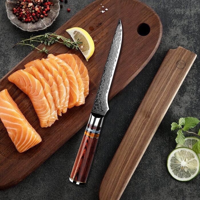 Японський кухонний ніж FANTECK Gyuto з дамаської сталі 67 шарів (20 см) з ручкою Pakkaholz. Професійний ніж для кухні, 5.5 дюймів. У подарунковій коробці.