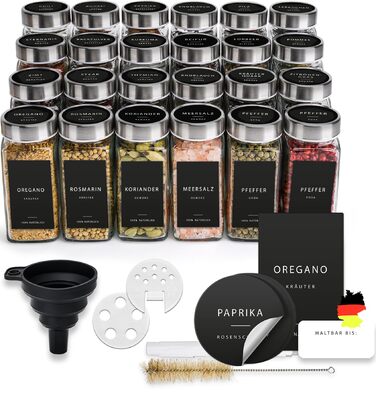 Набір скляних банок для спецій з дозатором [24 x 120 мл] з 303 етикетками | Набір банок для спецій з бамбуковими кришками, 24 шт., чорний колір