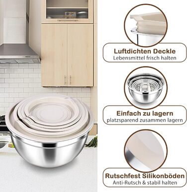 Набір мисок Herogo (6 шт.) з нержавіючої сталі з кришками, 6,7/3,3/2,5/1,5/1,2/0,7 л, для приготування їжі/випічки/зберігання, миюча посудомийна машина, кольору хакі