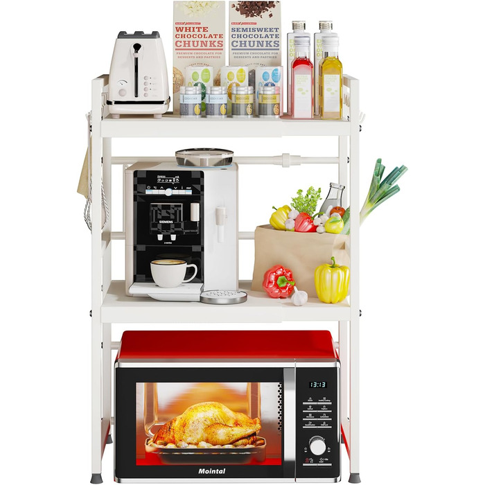 Регульована полиця для мікрохвильової печі, розширювана стійка-організатор для кухні, міцна з вуглецевої сталі, з 8 гачками (3-рівні, білий)