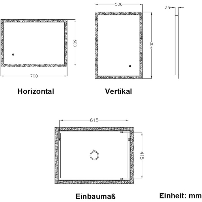 Дзеркало для ванної кімнати Badspiegel 70x50 см з підсвічуванням 3 кольори, сенсорне керування, прямокутне, LED, енергоклас A++
