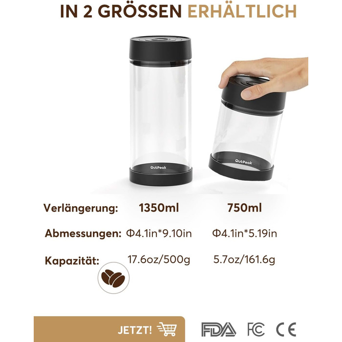 OUTPEAK Neo 2025 Kilo Auto-Vakuum-Kaffeedose: Герметичний контейнер для кави на 1,5 л (500 г) з автоматичним вакуумом, нержавіюча сталь, для бариста, подарунок (великий, матовий чорний) (G750)