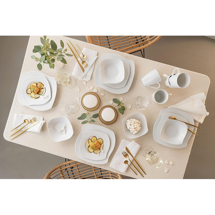 Столовий сервіз SINGER Avalon в білому кольорі, порцеляновий набір посуду на 6 персон, вигнута тарілка (кавова кружка 6 шт.)