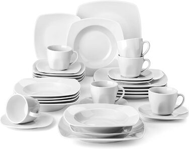 Серія Julia, набір посуду на 12 персон, порцеляновий набір посуду, столовий сервіз з обідньою тарілкою, десертна тарілка, супова тарілка, кавові чашки, блюдця по 12 штук (30 штук, комбінований набір)