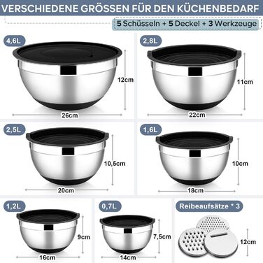 Набір мисок HaWare 6 шт. з нержавіючої сталі, набір салатників з герметичними кришками та 3 насадки для тертя, об'єм 4,6/2,8/2,5/1,6/1,2/0,7 л, антиковзний силіконовий низ, придатні для миття в посудомийній машині, чорний колір