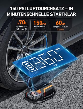 Powerbank AstroAI MF16 6000A з компресором 150PSI: старт для авто, мото, SUV (12V, 10L бензин/8L дизель), LED-дисплей, помаранчевий