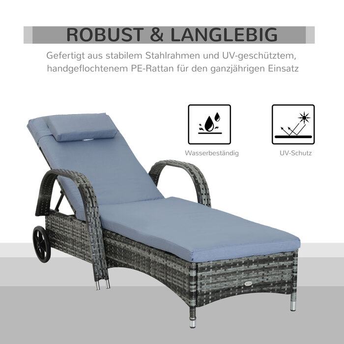 Outsunny Garden Furniture Садовий шезлонг Шезлонг мобільний з подушками, поліротанг і метал, сірий, регульований 200x73x30-103см для саду та тераси
