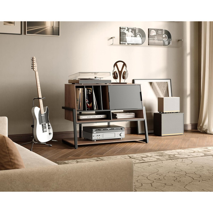 Стіл для програвача FITUEYES DESIGN з дерева, велика тумба Hi-Fi з висувною дверцятами, полиця для 120 платівок, вантажопідйомність 50 кг, серія Eiffel