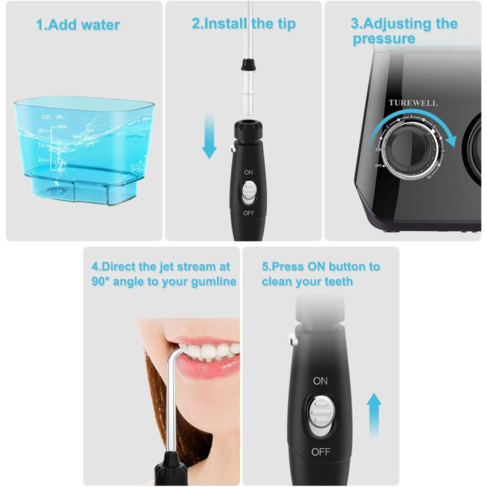 Електричний іригатор TUREWELL для ротової порожнини з 10 рівнями тиску та 8 насадками, IPX7, 600 мл, чорний