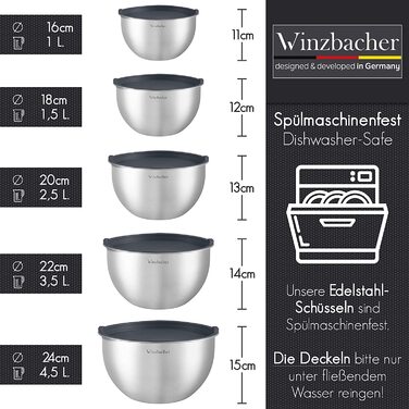 Чаша з нержавіючої сталі Winzbacher набір з 5 шт. 1л 1,5 л 2,5 л 3,5 л 4,5 л / безпечна для миття в посудомийній машині Миска для змішування, салатниця, СК