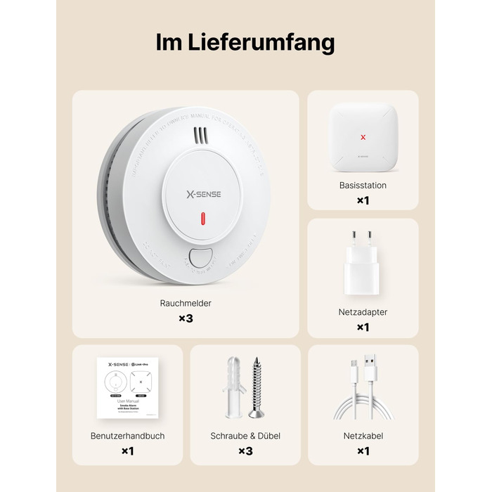 X-Sense Детектор диму Smart WLAN з 10-річною батареєю та базовою станцією SBS50, фотоелектричний, бездротовий, мережевий, 6 шт. (SD19-MN61)