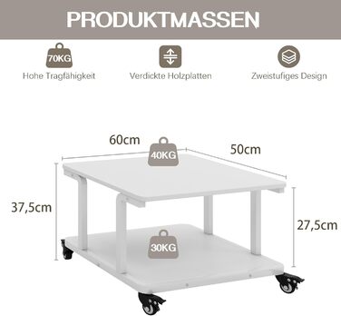 Стіл для принтера PUNCIA з 2 рівнями, мобільний, 60x50 см, білий. Підходить для принтера, сканера, копіювальника.