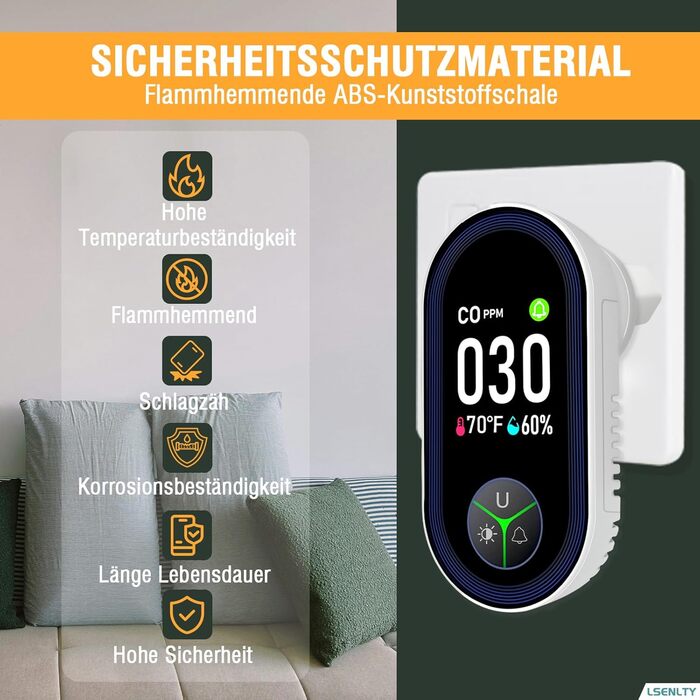 Виявлювач CO з HD-дисплеєм для дому та кемпінгу: 3-в-1 (CO, температура, вологість)