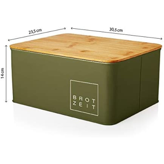 Хлібниця для кухні Lumaland металева Хлібниця з бамбуковою кришкою, Хлібниця прямокутної форми, 30,5 x 23,5 x 14 см (прямокутна форма 30,5 x 23,5 x 14 см, оливково-зеленого кольору)