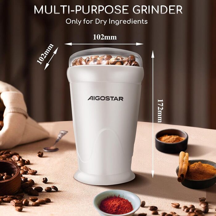Кавомолка електрична Aigostar для кави, спецій та горіхів, нержавіюча сталь, 60г, 200 Вт, біла