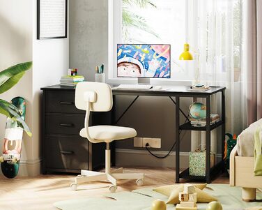 Комп'ютерний стіл Coleshome з висувними ящиками з тканини, 130x48 см. 2 розетки та 2 USB-порти для зарядки. Стільниця з полицею, реверсивний офісний стіл для дому та офісу (Чорний, 130x48x75.7 см)