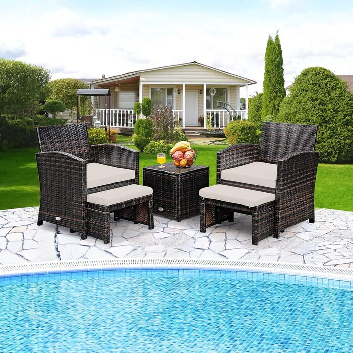 Садовий набір меблів GIANTEX 5 предметів ротанг: 2 крісла, 2 пуфи, столик - для балкона та саду з білими подушками