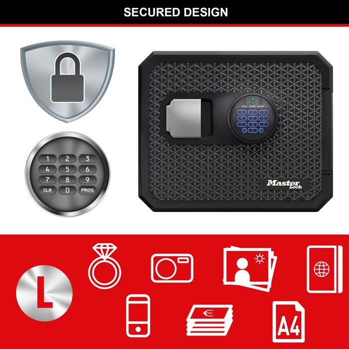 Master Lock FPW082FTCML - вогнестійкий та водонепроникний сейф, 23л, 417 x 348 x 478 мм, електронний замок з підсвічуванням, для дому та офісу, чорний
