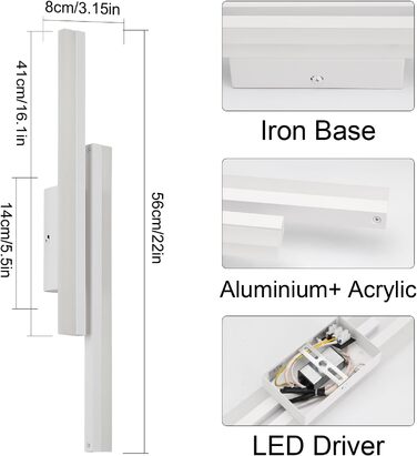 Настінний світильник Klighten LED 40см, 12Вт 850LM, теплий 3000K, білий, для вітальні та спальні, 110-240V