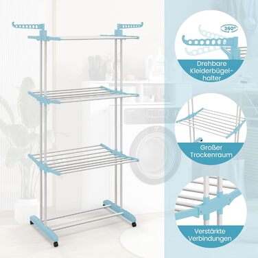 Ярусна сушильна стійка COSTWAY з коліщатками, сушильна машина розбірна з 2 поворотними бічними крилами, окремо стояча сушильна машина Висувна вежа для білизни для приміщень і вулиці (синя), 4-