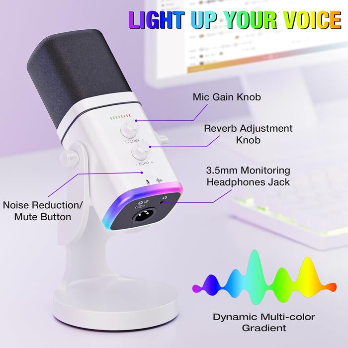 Мікрофон Facmogu для подкастів та стрімінгу, USB/XLR, з RGB-підсвічуванням та регулюванням гучності, білий