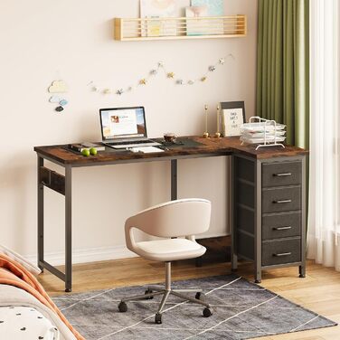 Комп'ютерний стіл кутовий Coleshome 120x70 см з 4 висувними ящиками, для офісу, кабінету, спальні, вінтажний коричневий