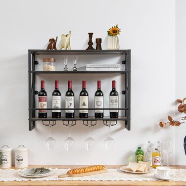 Стильна полиця для вина Komfotteu на стіну, дерев'яна з металевим каркасом, з тримачем для келихів, органайзер для пляшок, бар, кухня, вітальня (80 x 20 x 63 см)