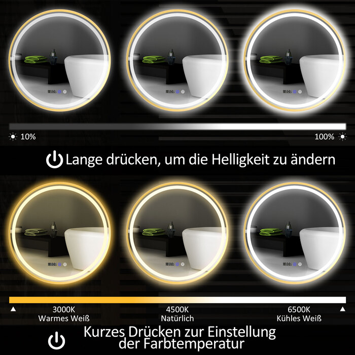 Дзеркало для ванної кімнати з підсвіткою LED, з функцією запобігання запотіванню, сенсорним керуванням та дисплеєм.