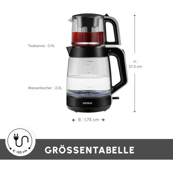 Чайник-заварник електричний Karaca Glass XL 2 в 1, чорний, 0.9л/2.2л, LED, 360°