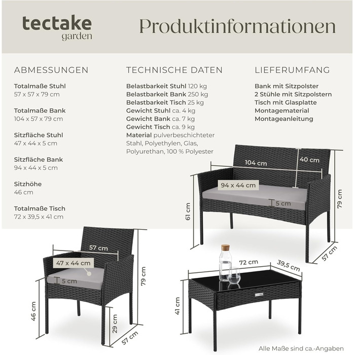 Набір садово-розплідницьких меблів tectake® з ротангу: банкетка, 2 крісла, столик, подушки, чорний колір. Меблі для балкона, тераси, саду.