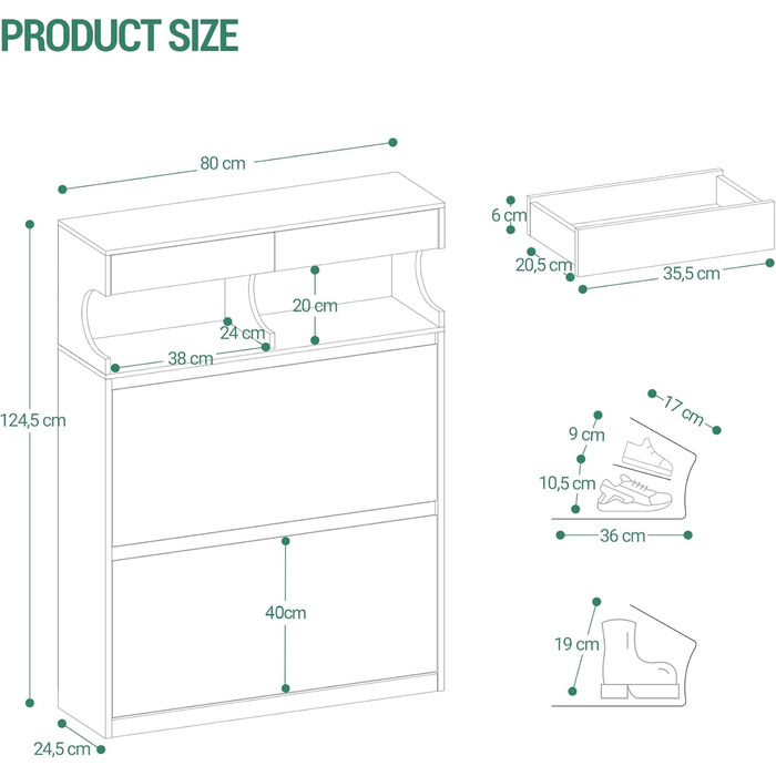 Шафа для взуття Hzuaneri з 2 дверцятами, 4 відділеннями, регульована, на 16 пар, для прихожого, передпокою, гардеробу, біла, 80 x 24.5 x 124.5 см, SR45303X