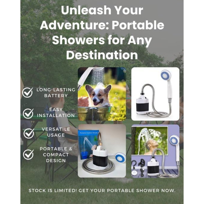 Переносний душ для кемпінгу HYDROPORT 2200 mAh: для подорожей, пляжу, домашніх тварин