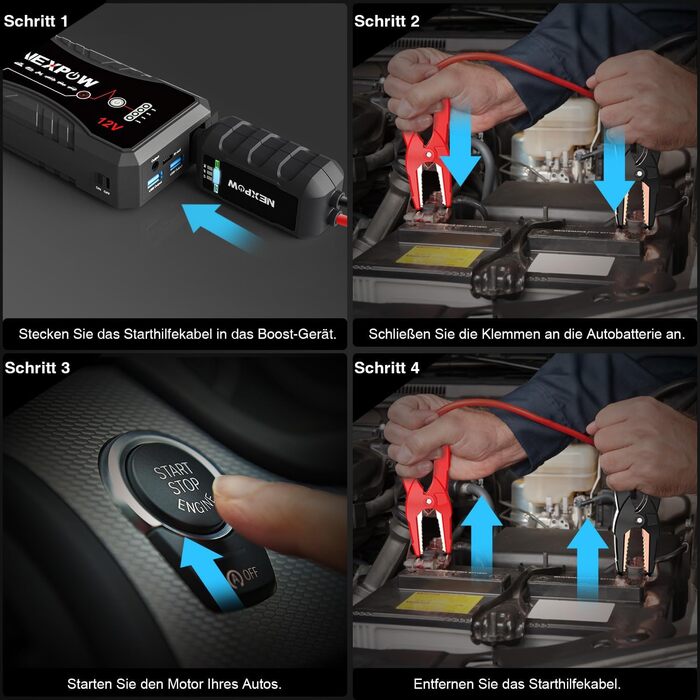 Powerbank Starthilfe NEXPOW 1500A: Зарядний пристрій для автомобіля, стартер, LED ліхтарик, USB, 12V, 1500A