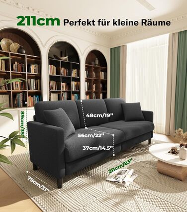 Двомісний диванчик, компактний диван для підліткової кімнати, зручний невеликий диван, легка збірка без інструментів, дивани з масиву дерева, невеликий диван для вітальні (сірий, 211 см)