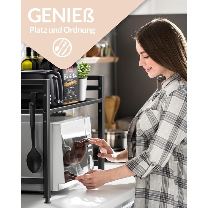 Підставка для мікрохвильової печі та кухонна полиця, сталева, 2-ярусна | Підставка для мікрохвильовки, шафка для мікрохвильовки, полиця для зберігання, полиця пекаря | Регульована висота та довжина, інструкція у відеоформаті, гачки - Чорний колір, 2 яруси