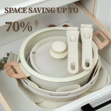 Набір каструль та сковорідок з керамічним покриттям 23 частини. Антипригарне покриття, знімні ручки, підходить для всіх плит, духовка, без PFAS, PTFE, PFOA. Кремово-білий колір.