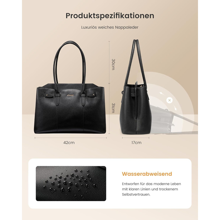 LOVEVOOK Сумка для ноутбука 15.6 дюймів, жіноча, велика, водонепроникна, шкіряна, для роботи, навчання, офісу, універсальна, чорна