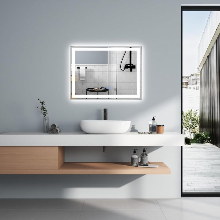 Дзеркало для ванної кімнати YOURLITE з LED-підсвічуванням 100x60 см, сенсорне управління, годинник, антизапар, 3 кольори світла, регулювання яскравості, функція пам'яті, білий (срібло)