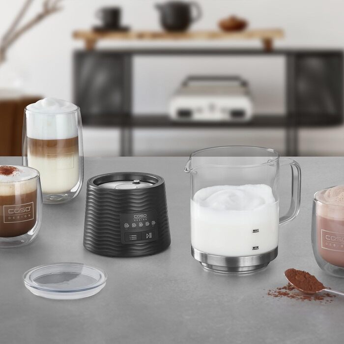 Електричний спінювач молока CASO CappuLatte: гарячий та холодний молочний пінок, 5 функцій, знімний скляний контейнер, для какао та гарячого шоколаду