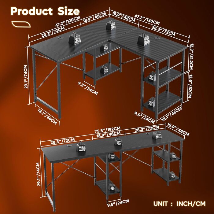 Письмовий стіл Bestier L-подібний з полицями, двосторонній, стійкий, 2 отвори для кабелю, 120 x 120 см, чорне вуглецеве волокно