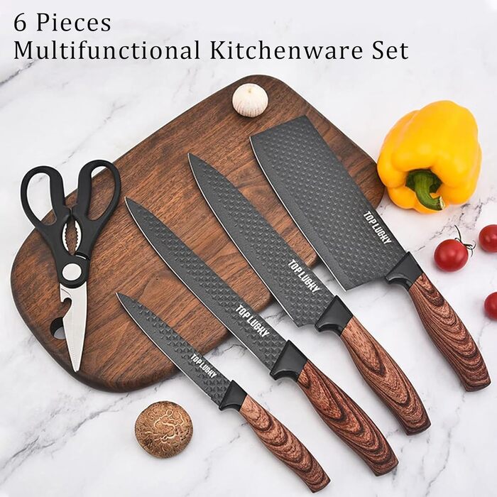 Набір кухонних ножів, 6 шт., чорний, гострий, з антипригарним покриттям, нержавіюча сталь, з підставкою для ножів (чорний)