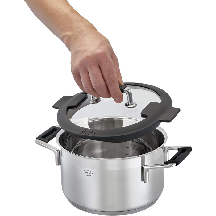 Набір каструль Rösele Silence Pro 5 предметів: універсальний набір з 3 каструль, 1 казанок та 1 сотейник, нержавіюча сталь 18/10, скляні кришки, внутрішня шкала, підходить для індукційних плит та мийки посуду