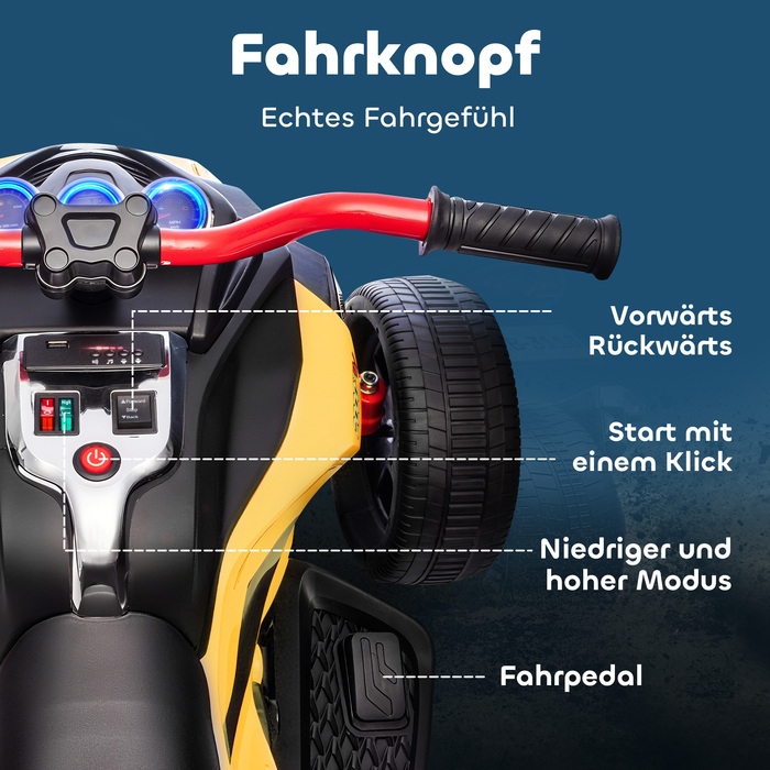 Дитячий електромобіль, триколісний дизайн із можливістю руху назад, акумуляторний, з MP3-плеєром, звуковими сигналами, двома швидкостями, світлодіодними ліхтарями, для дітей віком 3-8 років, жовтого кольору.